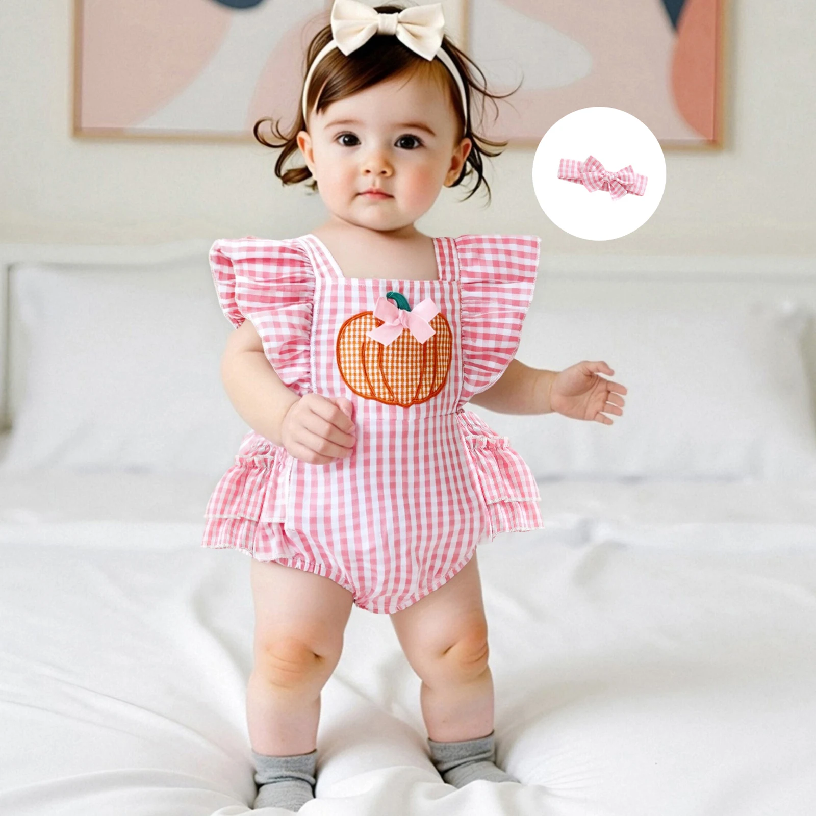 Conjunto de ropa para bebé recién nacido, traje de Halloween con volantes, sin mangas, lazo, bordado de calabaza, diadema