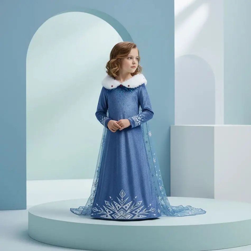 Disfraz de princesa Frozen brillante con cuello de felpa