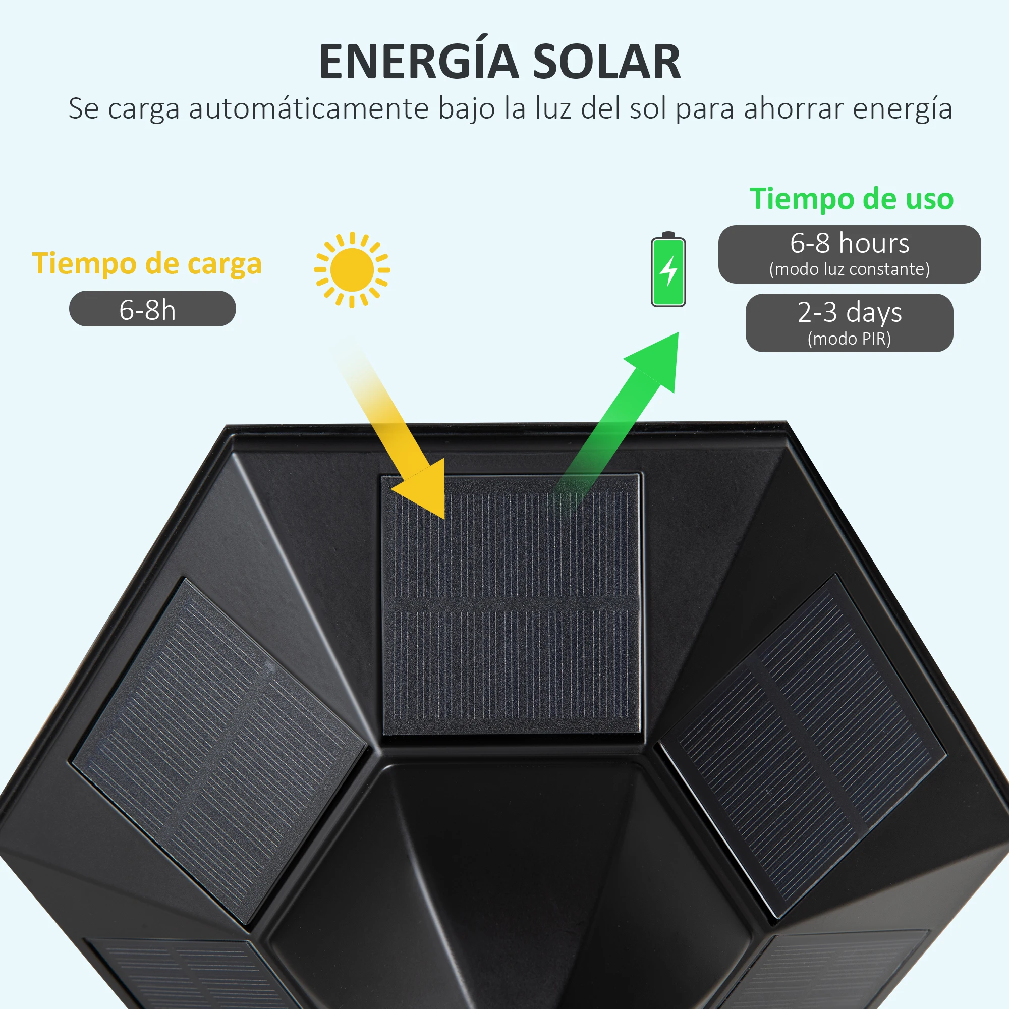 Outsunny Farola Solar Luz Solar de Exterior con Panel Solar Encendido y Apagado Automático Resistente a la Intemperie Marco de Aluminio IP44 para Terraza Patio 22x22x194 cm Negro - imagen 5