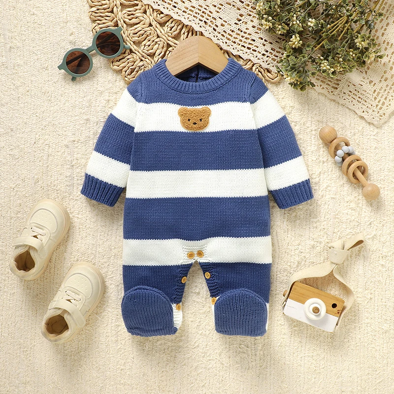 Peleles bonitos para bebé, monos, ropa a rayas azules y blancas, trajes tejidos para recién nacidos, niños y niñas, monos de una pieza para niños pequeños