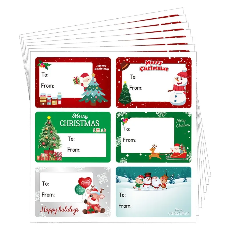 60 uds/10 hojas etiquetas de Navidad 8 pegatinas de regalo de diseño etiqueta de nombre con muñecos de nieve de Papá Noel árbol de Navidad campanas de Reno etiqueta decorativa de vacaciones