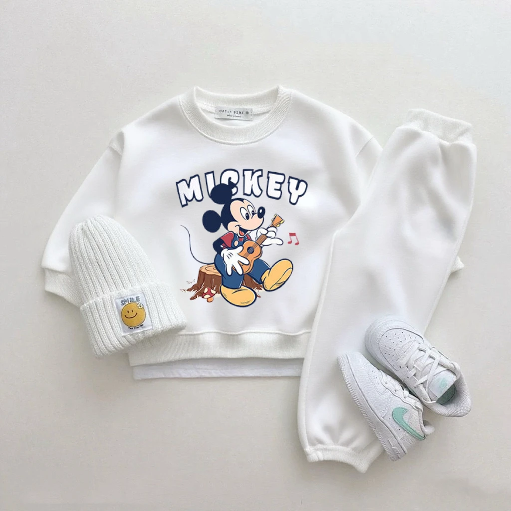 Mickey Tops pantalones de chándal blancos de dos piezas lindo cuello redondo Sudadera con capucha pantalones versátiles nuevos conjuntos estampados de dibujos animados ropa Popular - imagen 5