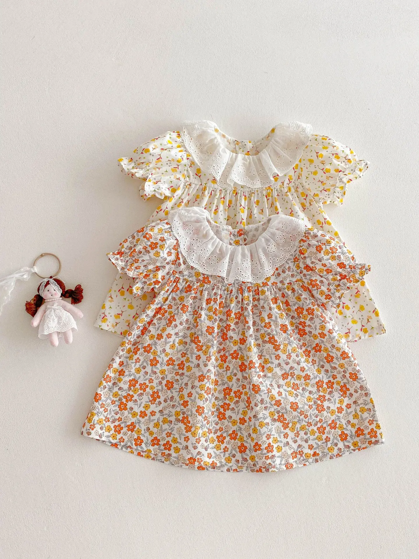 Vestido floral de princesa para niña – manga corta con encaje y cuello loto - imagen 3