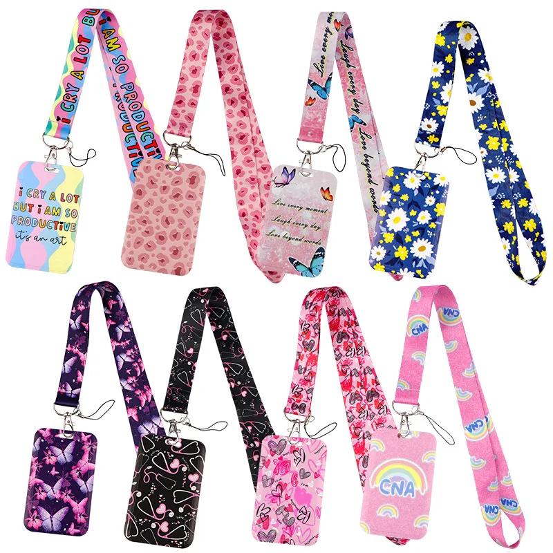 Mariposa amor flor cordón para teléfono móvil cubierta de tarjeta tarjeta de autobús tarjeta de estudiante trabajo carcasa dura cubierta de protección multifuncional