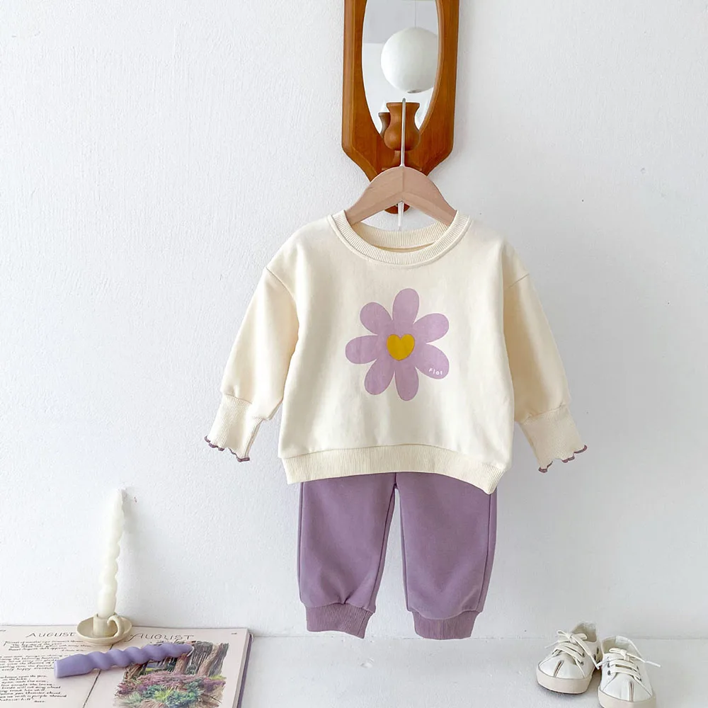 Milangel-Conjunto de Sudadera con capucha y estampado de flores para niño, traje de 2 piezas con cuello redondo y pantalones, estilo coreano, para otoño - imagen 5