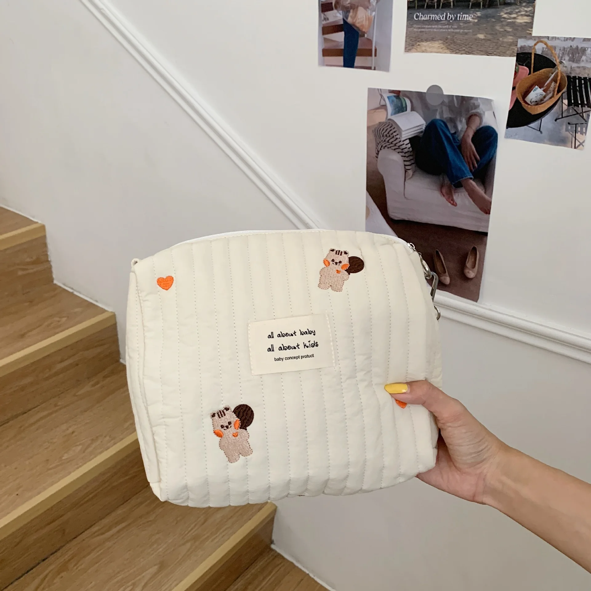 Bolsa de pañales de algodón Ins para cochecito, bolsa colgante, artículos para bebé, organizador de pañales, bolsa de mamá con cremallera, bolsa de maquillaje bonita para mujer y niño - imagen 4