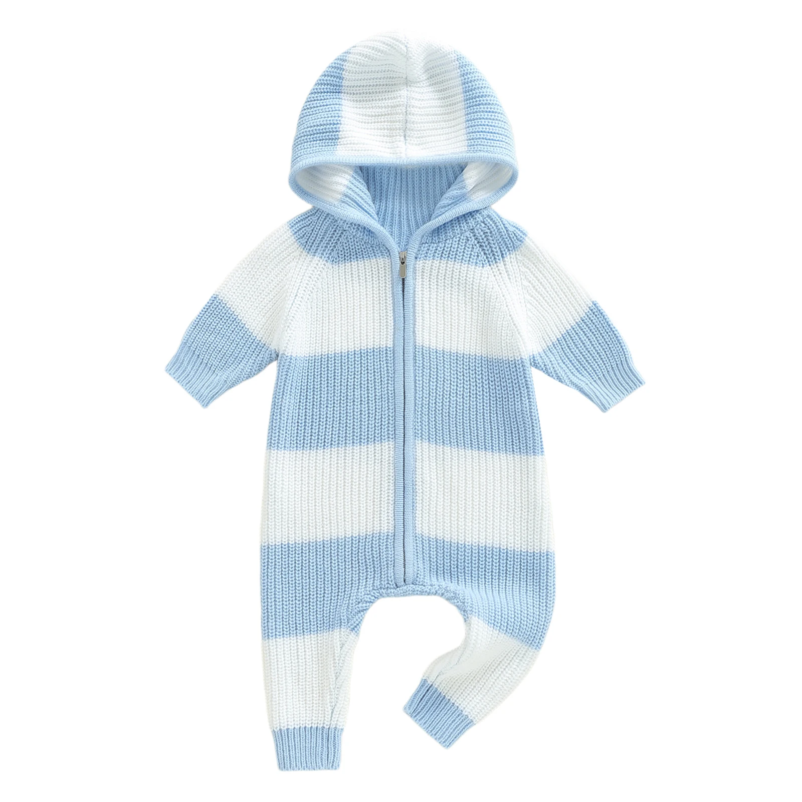 Mono de bebé, manga larga con capucha y cierre de cremallera, mameluco de punto, suéter a rayas para niñas y niños