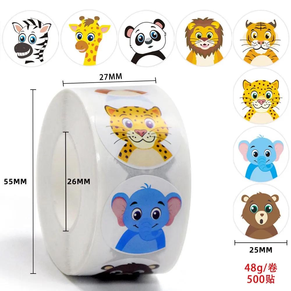 500 uds/rollo de pegatinas de recompensa de animales de dibujos animados 2,5 cm/1,0 pulgadas decoración Diy perfecta para juegos de aprendizaje cuaderno Pad nevera regalo sello etiquetas - imagen 5