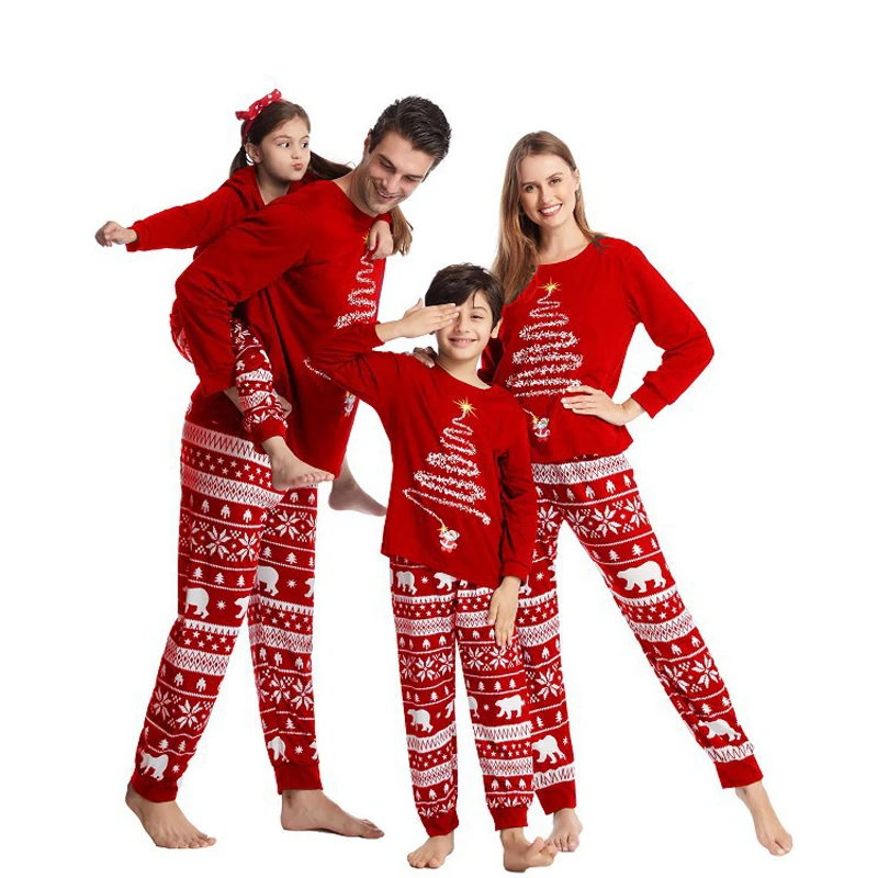 Conjuntos de pijamas con capucha familiar, pijamas navideños con estampado de cuadros, ropa de manga larga, ropa de descanso, pijamas rojos y marinos, 2 unids/set - imagen 2