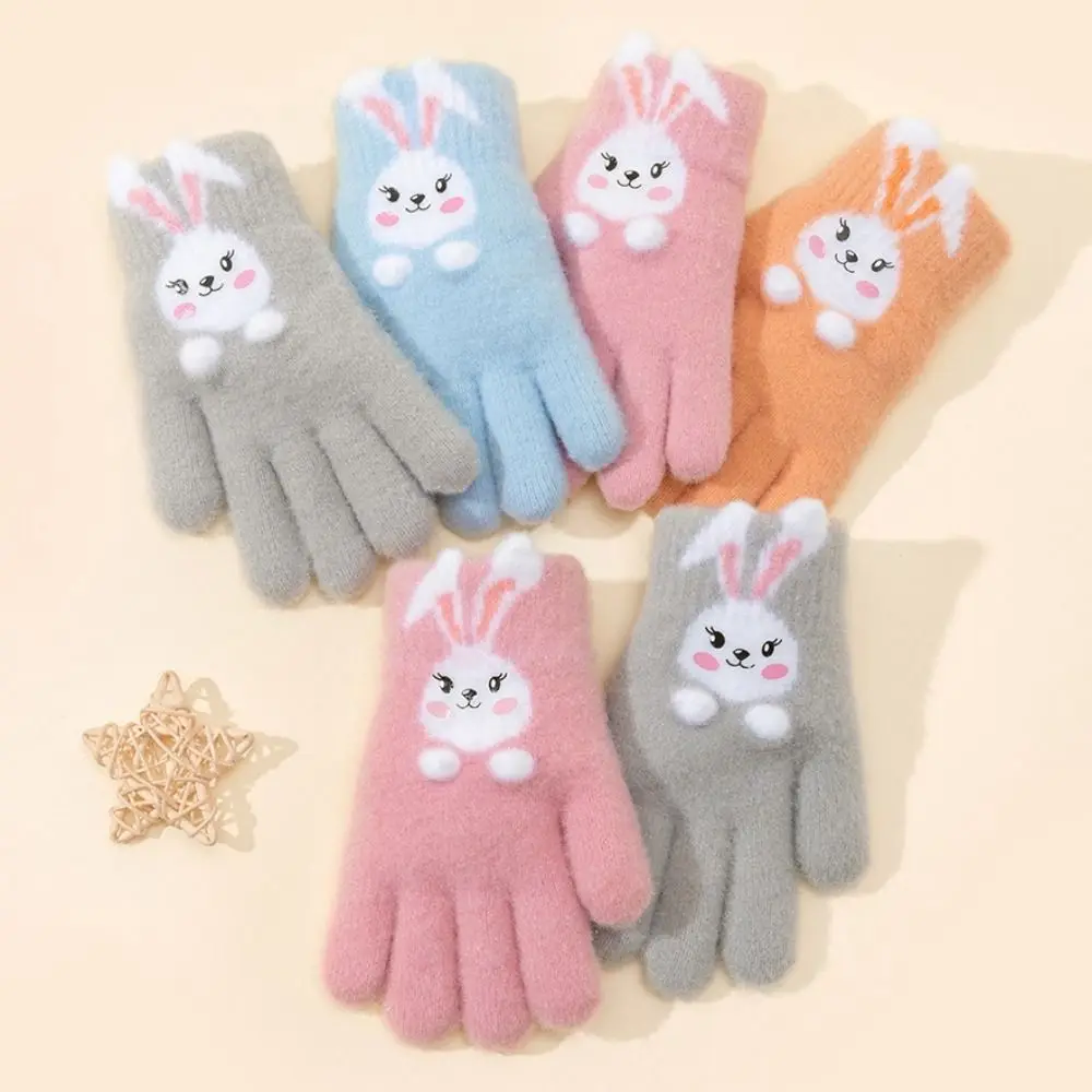 Lindos guantes de cinco dedos de alta elasticidad para niños, guantes gruesos de dibujos animados a prueba de frío para niños, manoplas tejidas de conejo a prueba de viento para exteriores