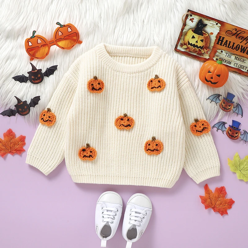 Suéteres para bebés recién nacidos, moda de punto naranja, calabaza de Halloween, jerseys tejidos para niños y niñas, Tops, ropa para niños de 1 a 3 años