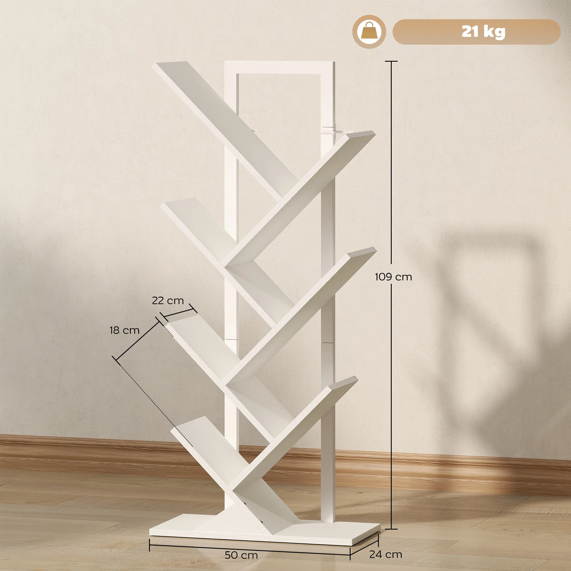 HOMCOM Librería en Forma de Árbol de 7 Niveles Estantería de Libros con 7 Estantes y Estructura de Acero para Sala de Estar Oficina Estudio Dormitorio 50x24x109 cm Blanco - imagen 3