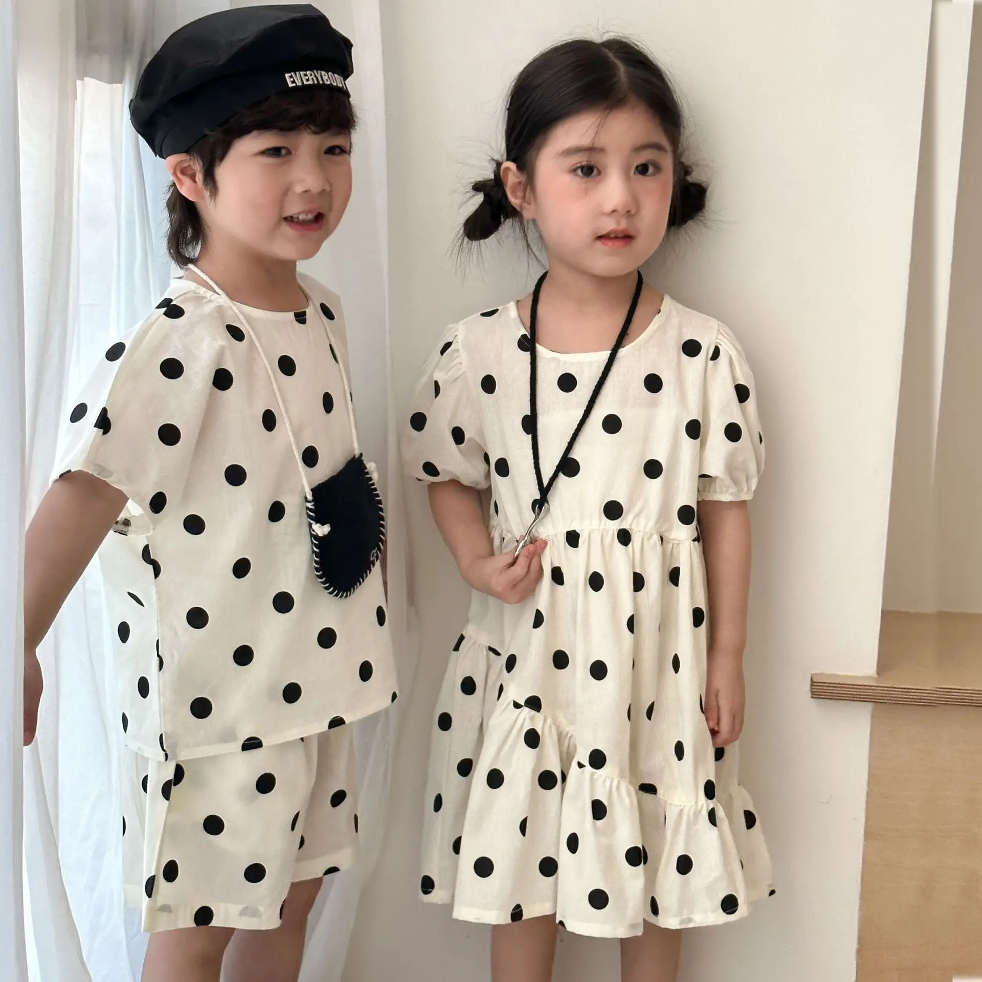 Conjunto para niños, ropa para hermano y hermana, traje de verano de manga corta para bebés, vestido de ocio ondulado para niñas - imagen 4