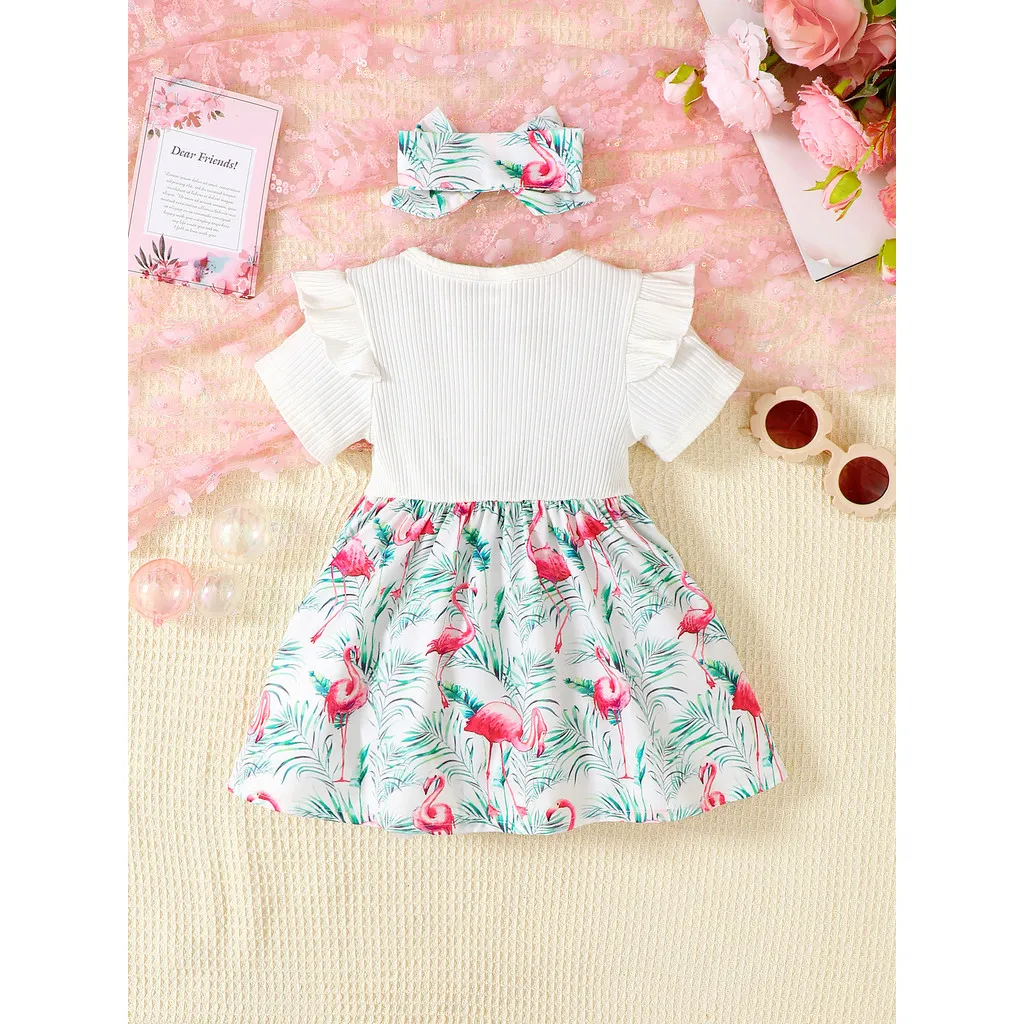 Vestido de verano para niña pequeña, 2 uds., manga corta, estampado de flamenco con lazo, diadema, ropa diaria para niña de 0 a 3 años - imagen 2