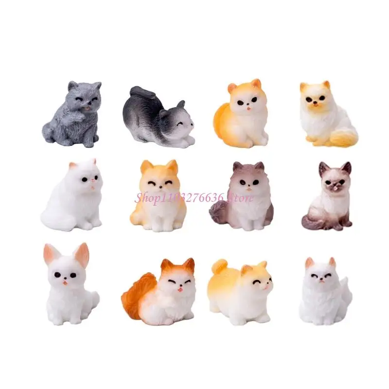 Colección figuras en miniatura gatos resina R6FD, 12 piezas, para decoración escena casa muñecas y accesorio