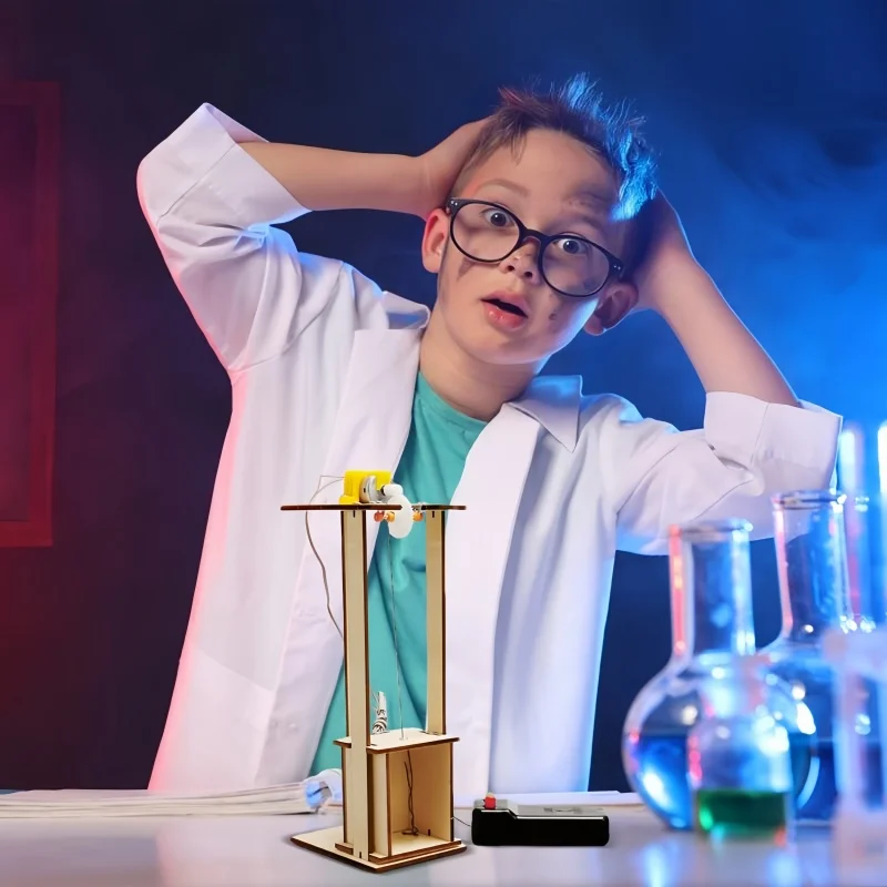 Modelo de elevador de madera para niños, juguete de ciencia, tecnología, material didáctico de física, Kit de ladrillos DIY, juguetes educativos de aprendizaje para niños - imagen 3