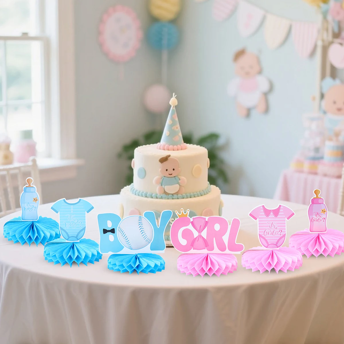 9 Uds. De decoraciones de mesa para revelar género de bebé, azul y rosa, centros de mesa de panal para revelar género de bebé, suministros para fiestas - imagen 2