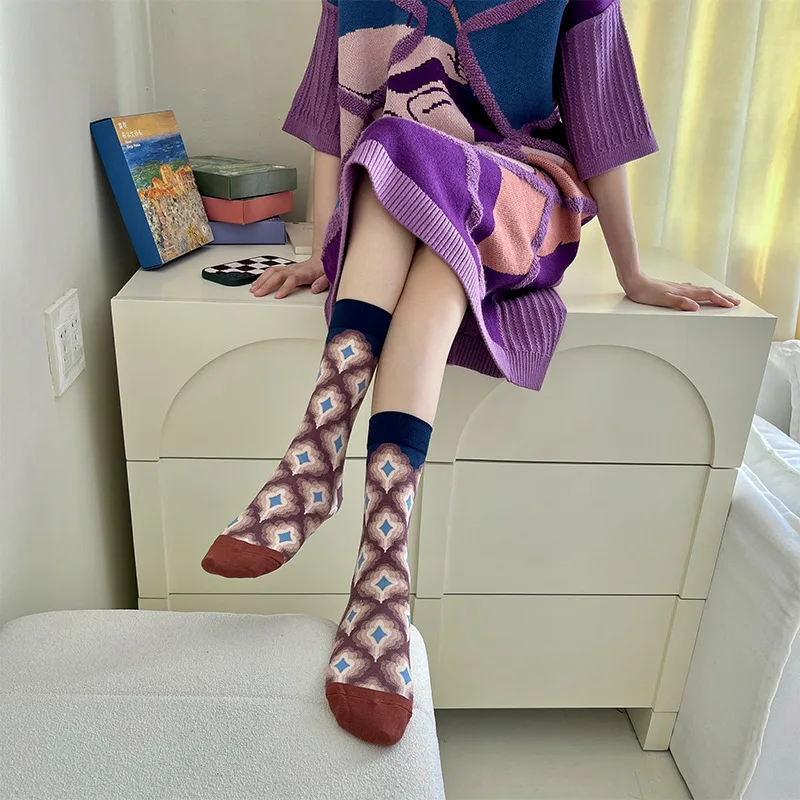 4 Uds Serie Monet calcetines de lona estilo mujer Otoño Invierno moda Retro calcetines de longitud media medias de algodón accesorios de ropa - imagen 5