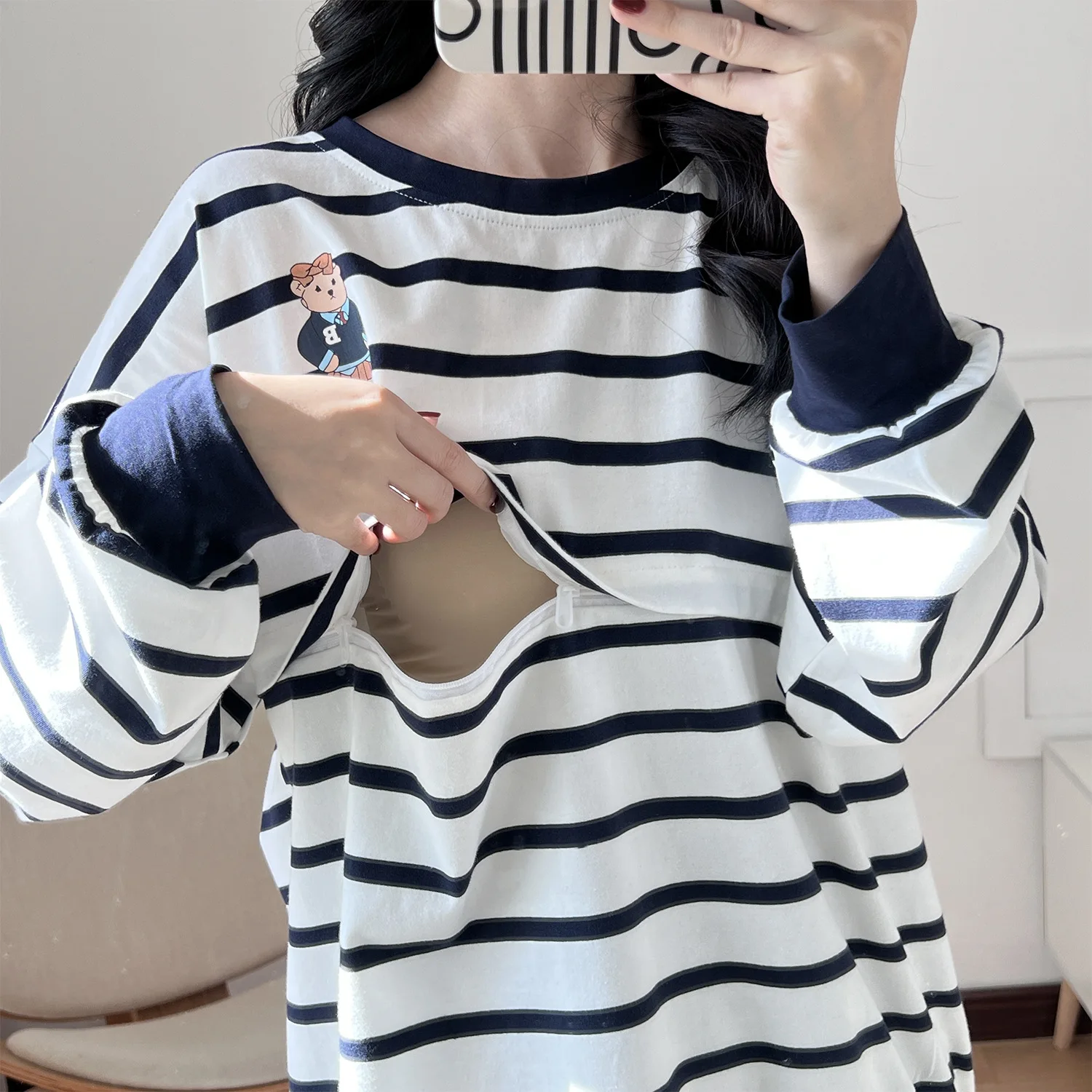 Sudadera lactancia a rayas para embarazadas – Cómoda primavera otoño - imagen 3