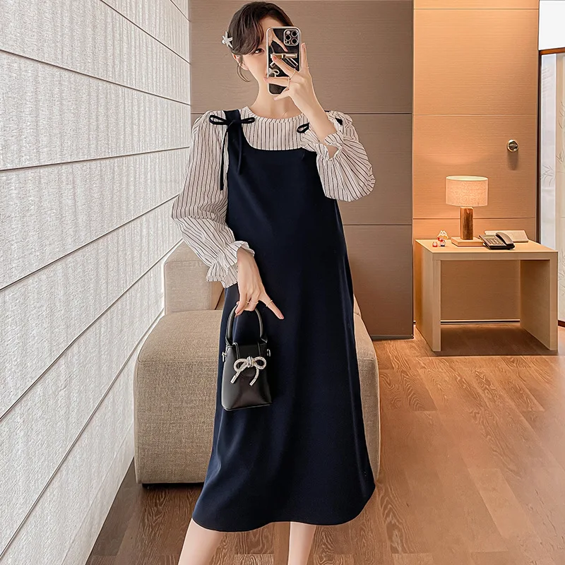 Otoño largo mujeres embarazadas vestido plisado cuello Peter Pan manga larga botón mosca maternidad vestido de lactancia camisas de lactancia - imagen 3