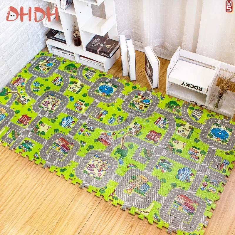 Alfombra de juego para bebés, 9 unids/lote, alfombra para niños, alfombra para niños, juguetes de suelo suave, suelo suave para tráfico, decoración del hogar, rompecabezas de espuma EVA para niños