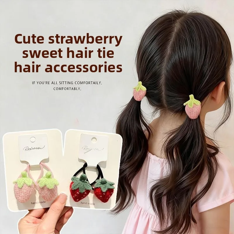 Lazos para el cabello de frutas tejidos para otoño/invierno para niñas pequeñas, lindas fresas/calabaza, suaves en el cabello, bandas elásticas suaves y versátiles para el cabello - imagen 2