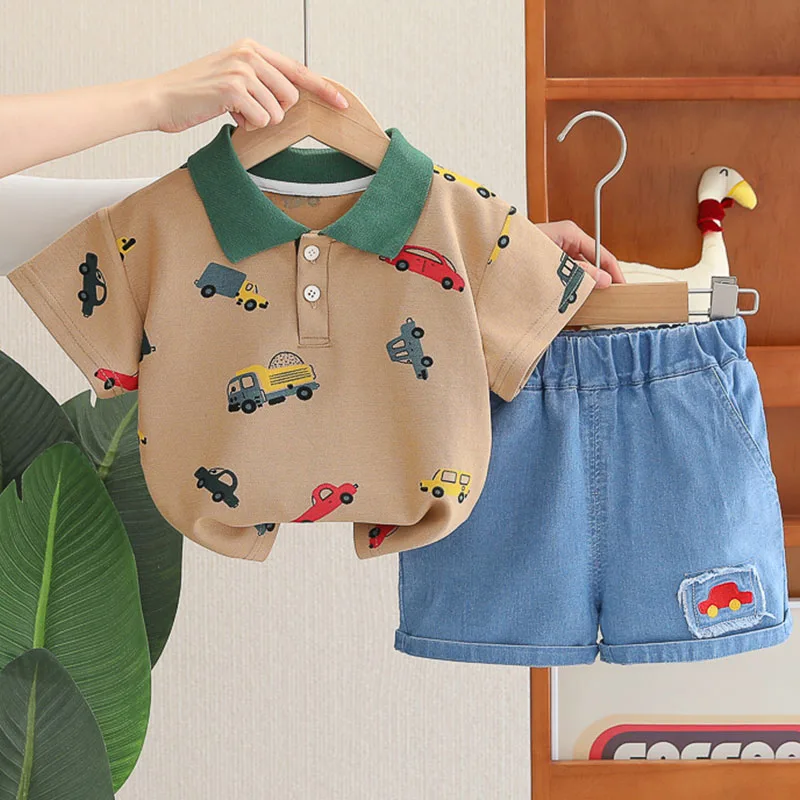 Ropa de Boutique de verano para niños, 2 piezas, moda coreana para niños pequeños, camisetas de manga corta con dibujos animados para bebés + Pantalones cortos de mezclilla, ropa para niños B147 - imagen 2