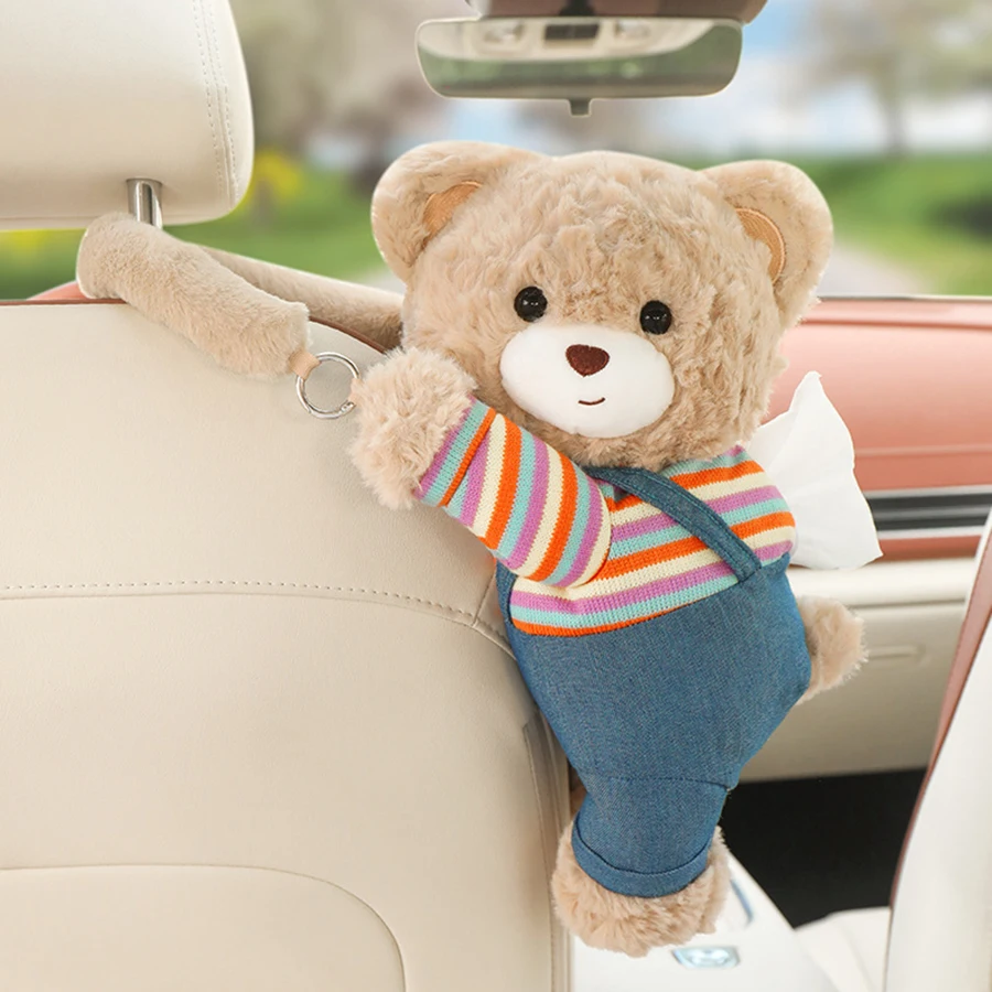 Caja de pañuelos montada en el coche, tipo colgante, caja de papel montada en el coche, oso creativo y bonito, práctico en bolsa de pañuelos para el coche, bolsa colgante