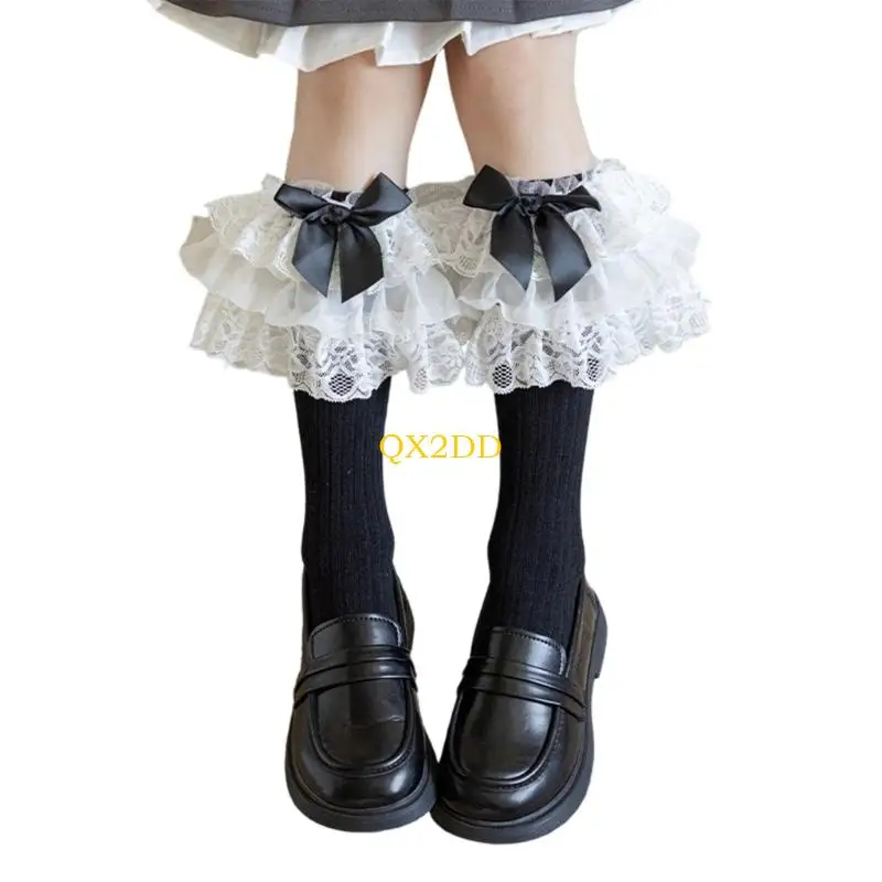 QX2D Calcetines para niños con temática lazo, calcetines elásticos algodón peinado a rayas anchas y coloridas reforzadas - imagen 4