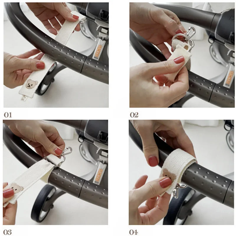Gancho de dibujos animados de oso bordado, Clip Universal duradero para cochecito de bebé, ganchos para colgar bolsas de mamá, accesorios para bolsas de pañales - imagen 4
