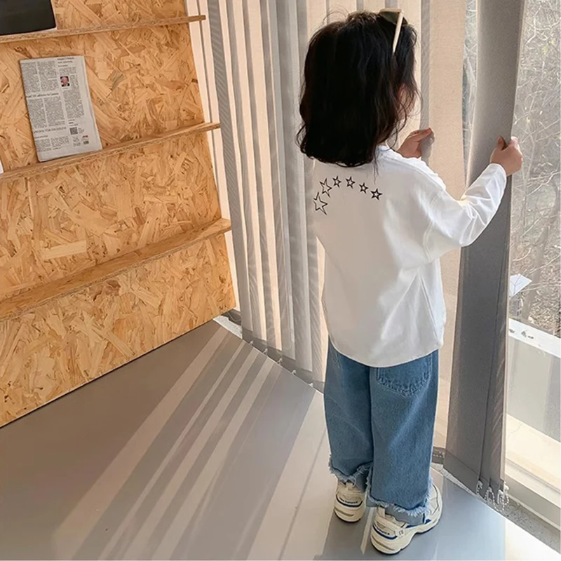 Conjunto de ropa superior e inferior para niña, traje sencillo de moda coreana para niña, conjunto de dos piezas con estampado de arco iris, mangas largas y pantalones, primavera - imagen 2