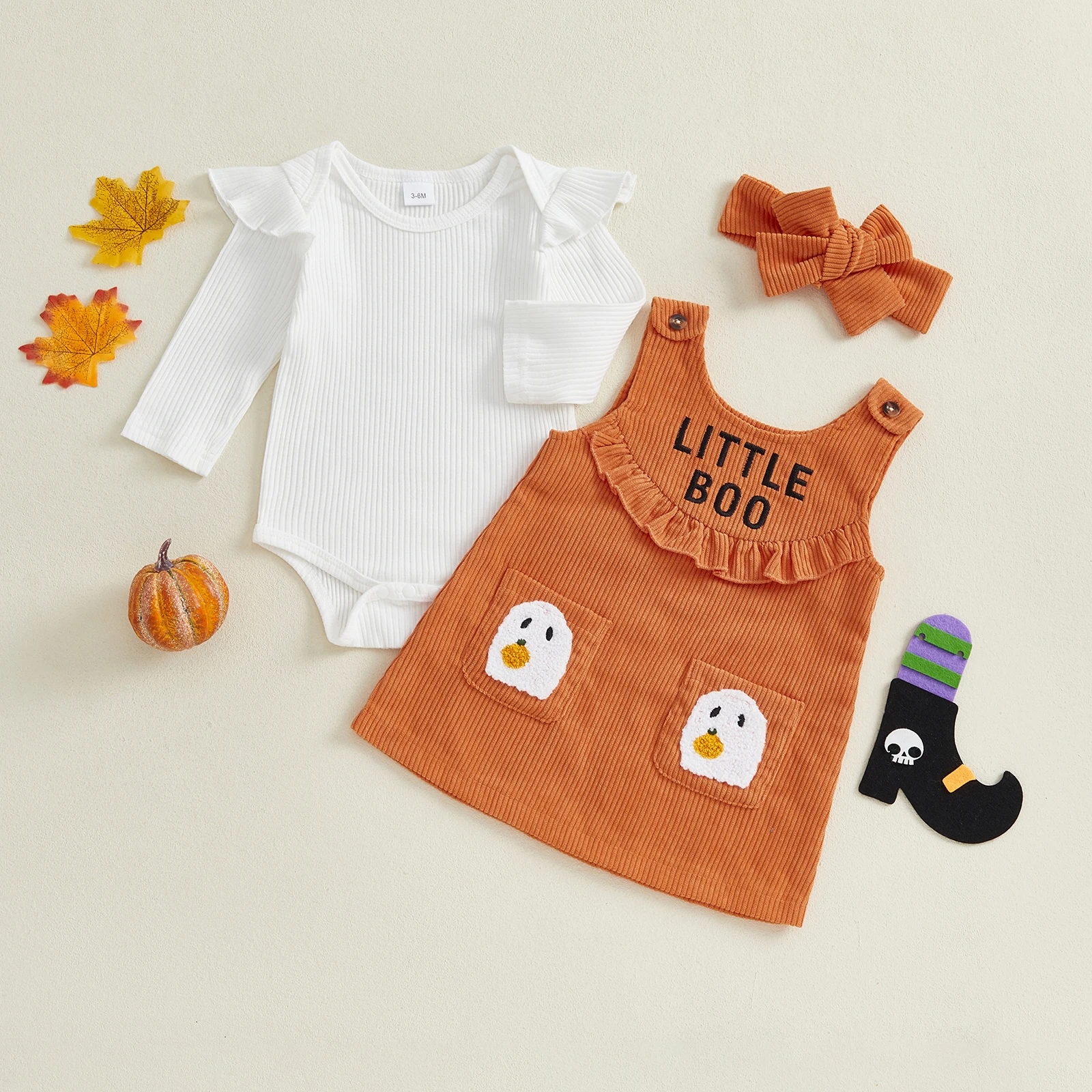 VISgogo-ropa de Halloween para niña de 0 a 18 meses, pelele liso de manga larga con bordado de fantasma, vestido general, diadema, conjunto de 3 uds. - imagen 3