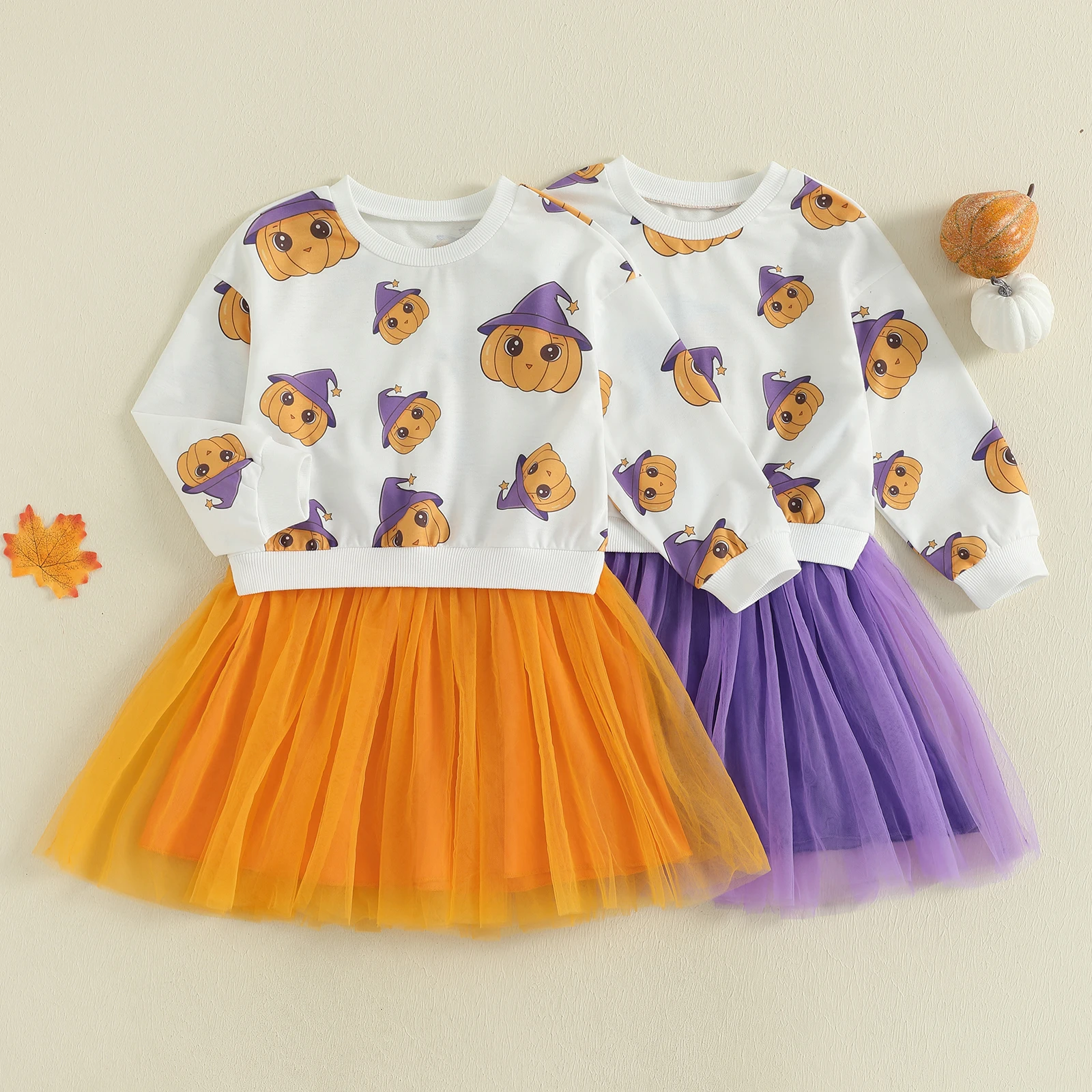 SUNSIOM Conjunto de otoño para niña pequeña de 1 a 6 años con estampado de calabaza de Halloween, jersey de manga larga con cuello redondo, falda de malla, trajes de 2 piezas - imagen 2