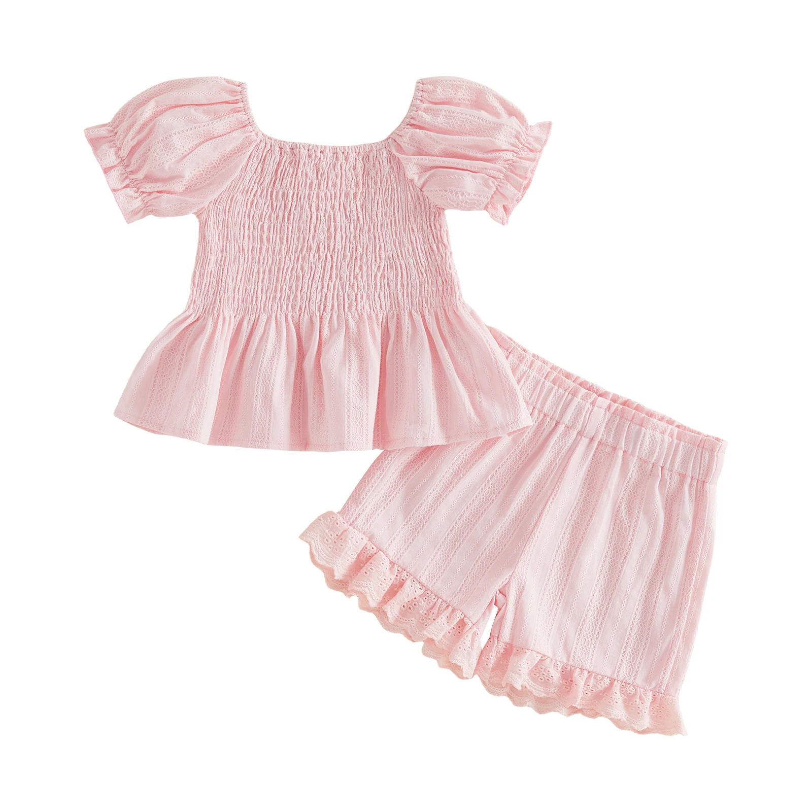 Conjunto de verano para niña: camiseta nido de abeja y short de encaje