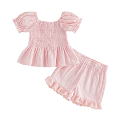 Conjunto de verano para niña: camiseta nido de abeja y short de encaje