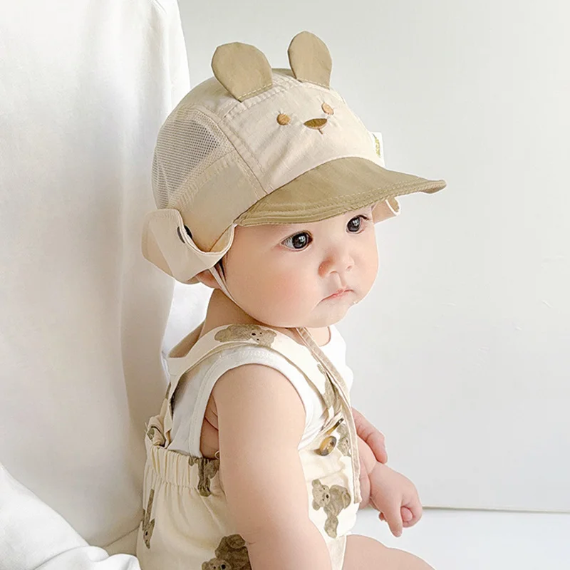 Sombrero de verano para bebé, sombreros de pescador de secado rápido con bordado de orejas de oso de dibujos animados para niños y niñas, protección del cuello, sombrero de Panamá transpirable para niños - imagen 2