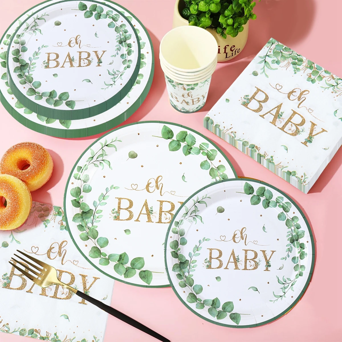 Hoja verde bronceado Oh bebé plato de papel taza servilleta género revelar fiesta vajilla desechable decoración para Baby Shower suministros para fiestas - imagen 4