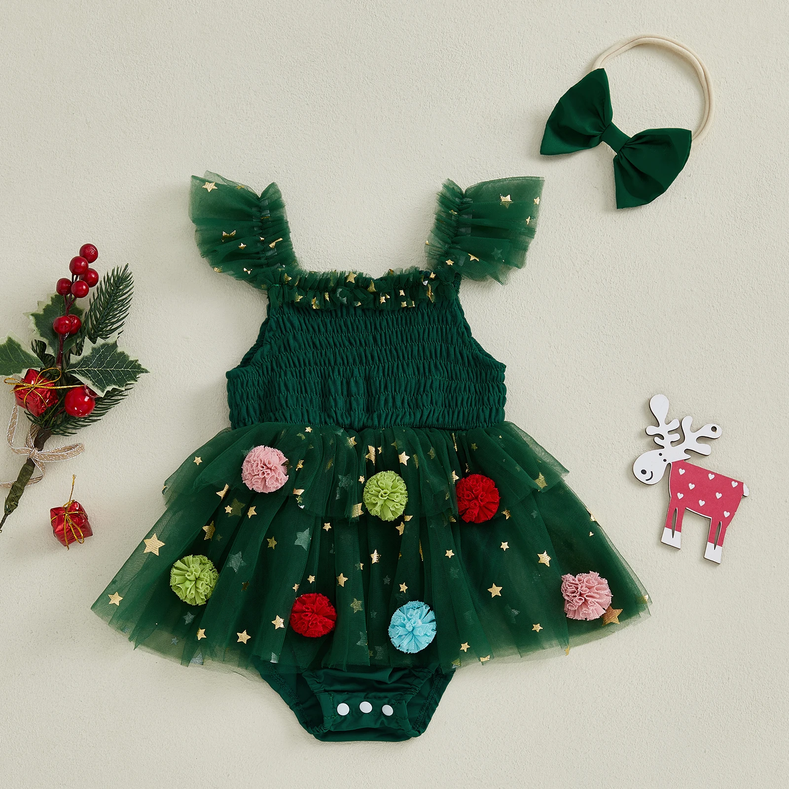 Suefunskry Conjunto de Navidad para niña con purpurina y estrella, bola de pompón, manga voladora, mameluco de tul ahumado, vestido, diadema con lazo - imagen 2