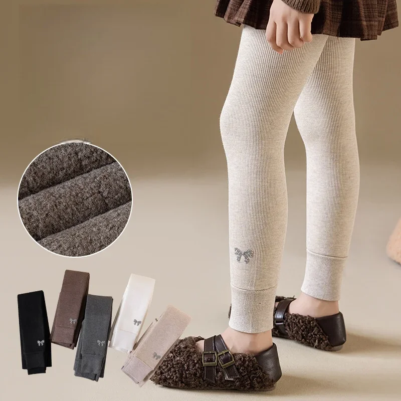 Pantalones para chicas adolescentes, mallas gruesas con forro polar de invierno con bordado de lazo, medias cálidas para niños de 3 a 15 años, novedad de 2026 - imagen 2