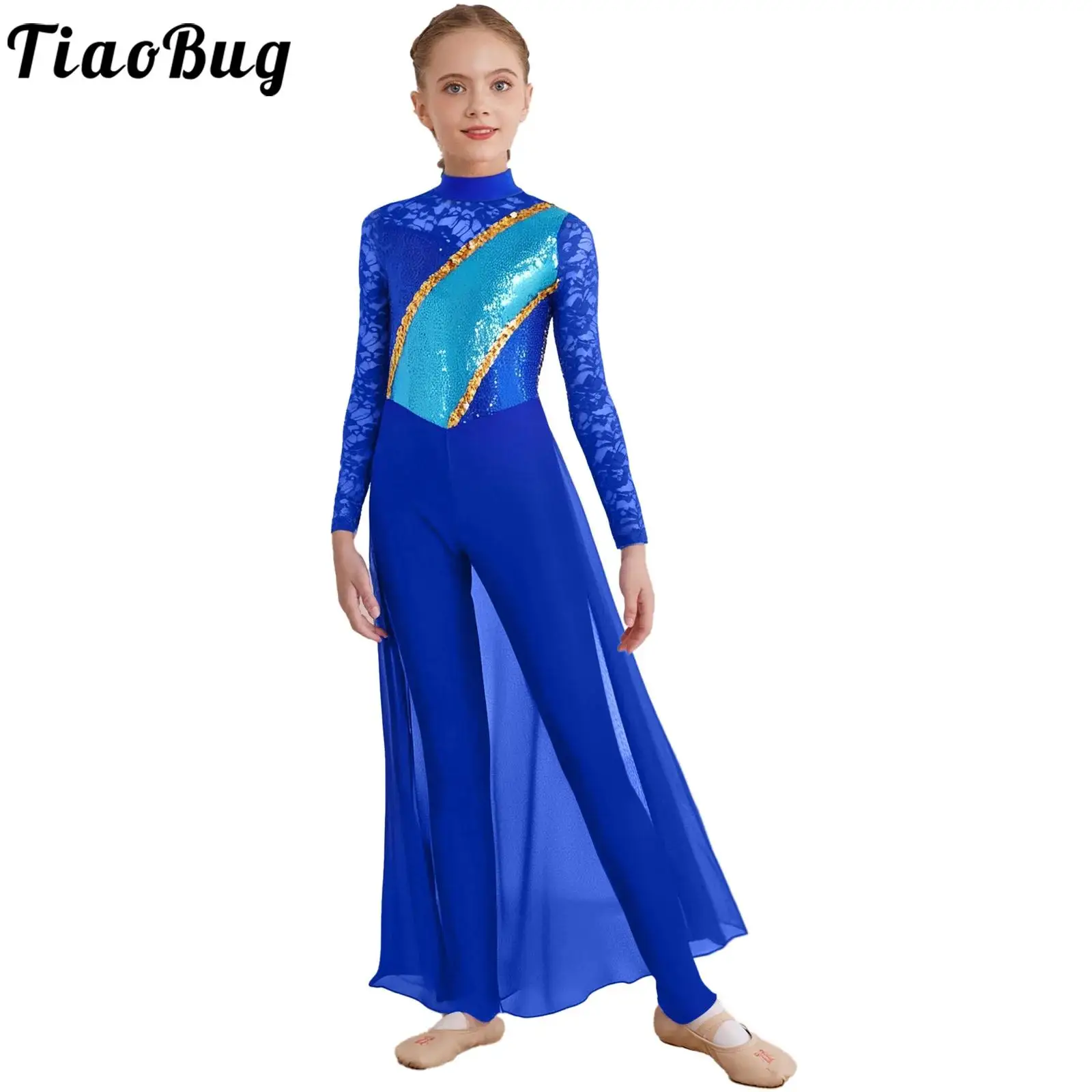 Mono de danza lírica para niñas con encaje floral y lentejuelas