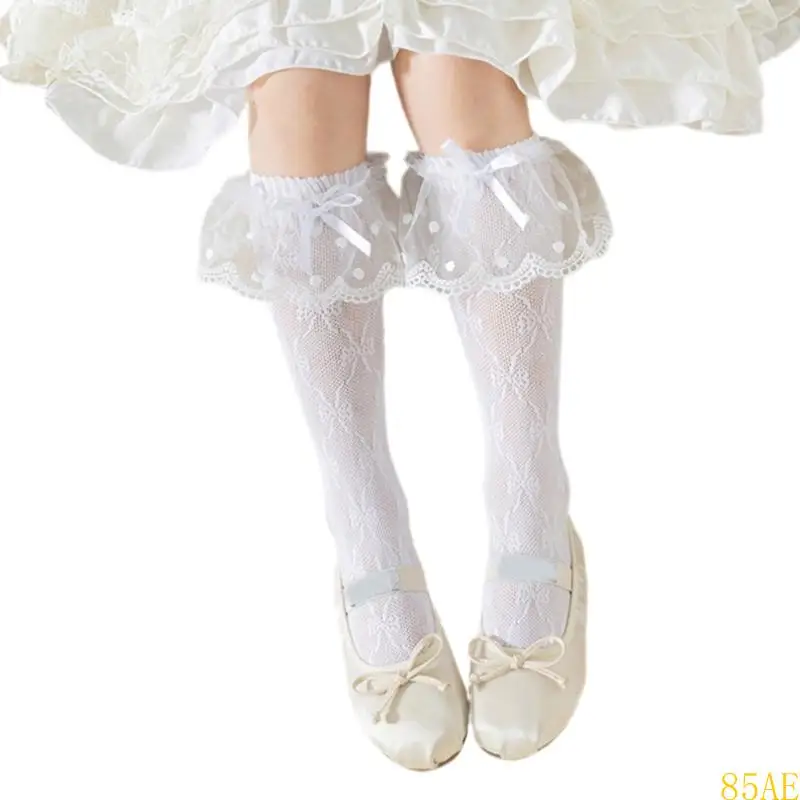 85ae calcetines dulces para niños calcetines medios con acentos encaje bownot transpirable - imagen 4
