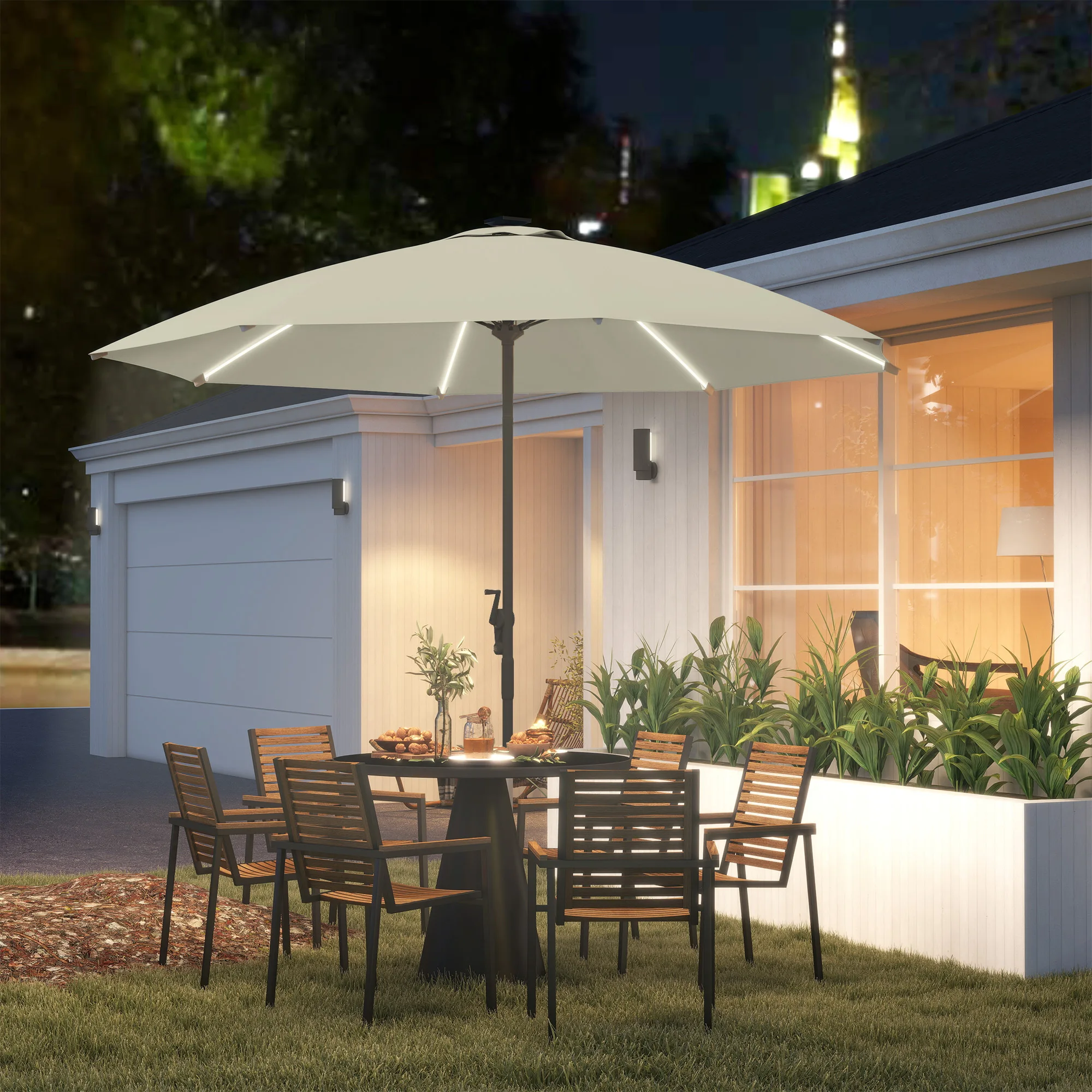 Outsunny Sombrilla Terraza Exterior con Luces LED Ø300x256 cm Sombrilla de Jardín con Manivela Techo de Ventilación Protección UV50+ y Poste de Aluminio Parasol para Patio Piscina Playa Crema