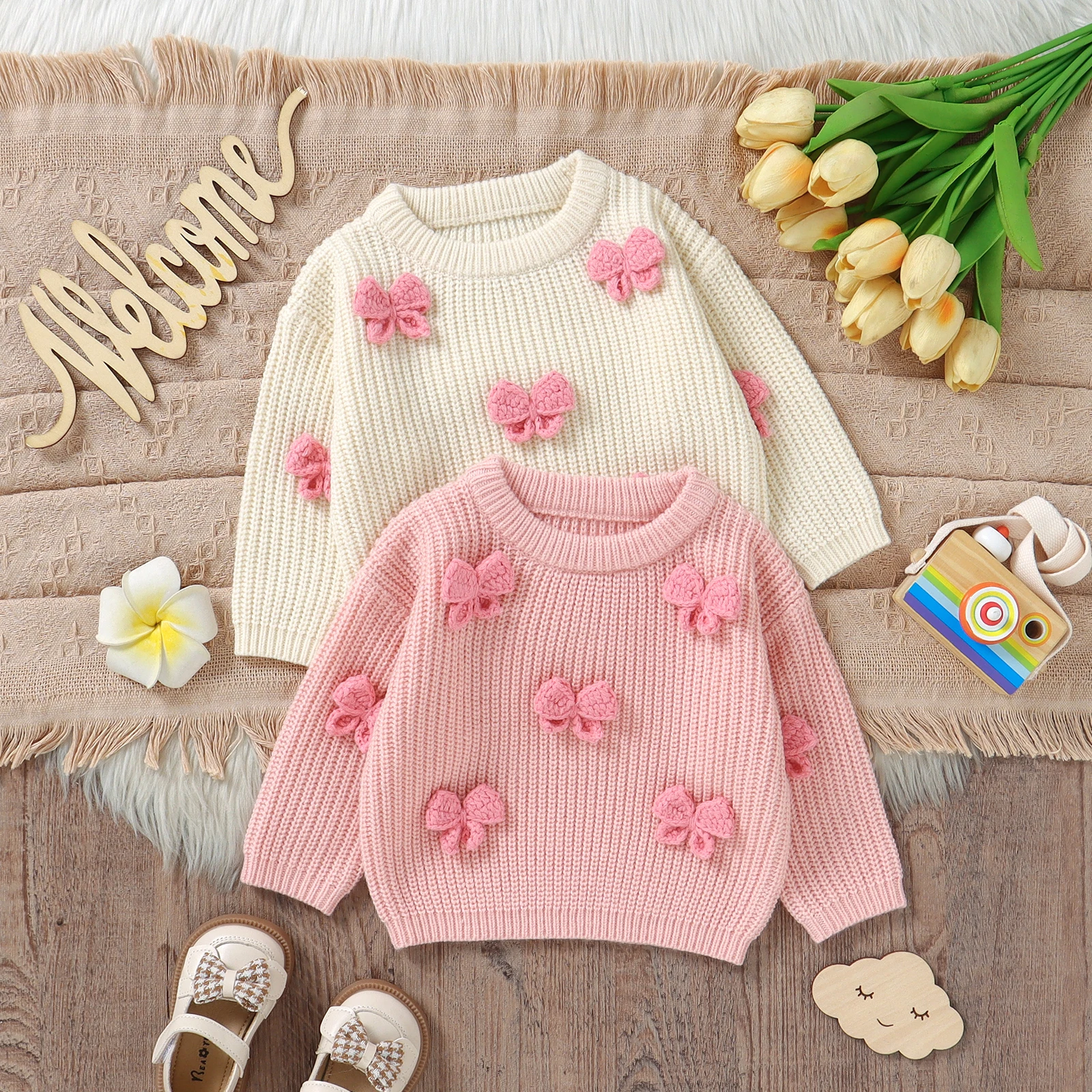 Pulls à manches longues avec nœud papillon pour bébés filles, pulls pour tout-petits, tricots pour nouveau-nés, vêtements d'extérieur à la mode, 1 à 3 ans