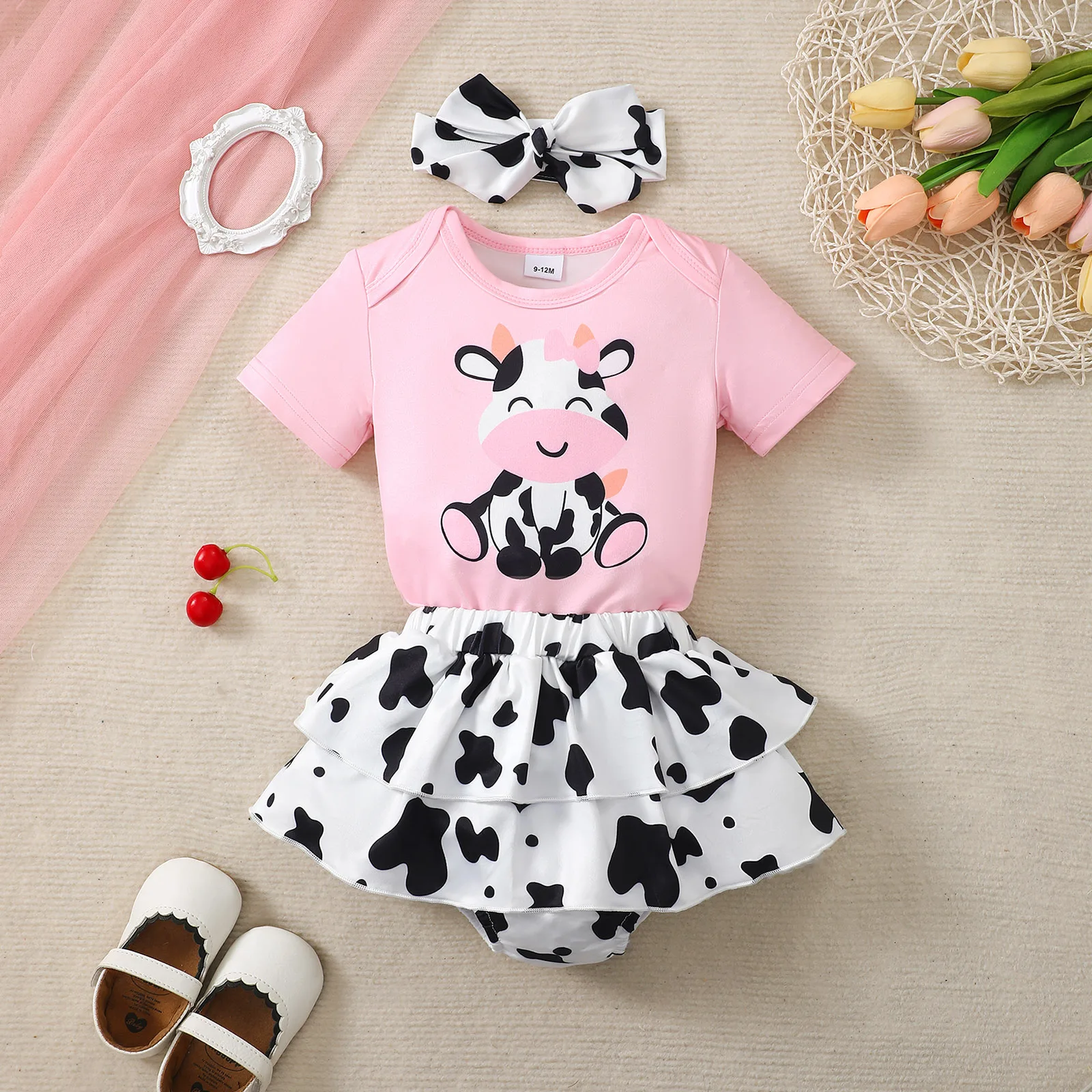 Conjunto de ropa para niña pequeña con bonito patrón de vaca, mono de manga corta, Falda corta y diadema, uso diario de verano para niños de 1 a 18 meses, 3 uds.