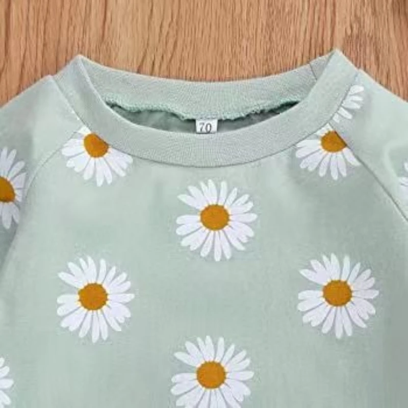 Conjunto de algodón con margaritas para bebés, niños y niñas, primavera/otoño, conjunto de manga larga con estampado Floral y diadema, ropa informal fresca y acogedora - imagen 3