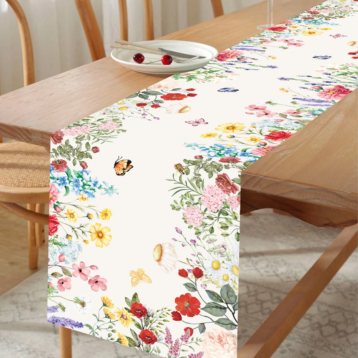 Caminos de mesa de PE/lino, mariposas y flores silvestres coloridas de primavera, decoración para fiesta de boda, caminos de mesa de plantas florales de verano, decoración de mesa - imagen 2