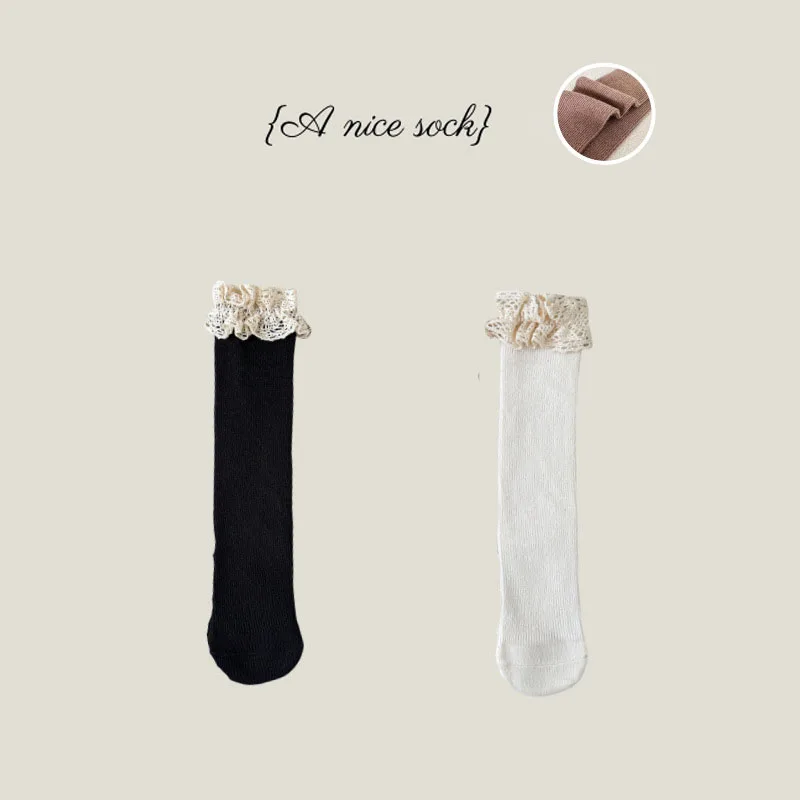 Nuevos calcetines hasta la rodilla de primavera para niños 3-10T calcetines de tubo para niñas con adornos de encaje dulce estilo Preppy calcetines para niños en 6 colores - imagen 5