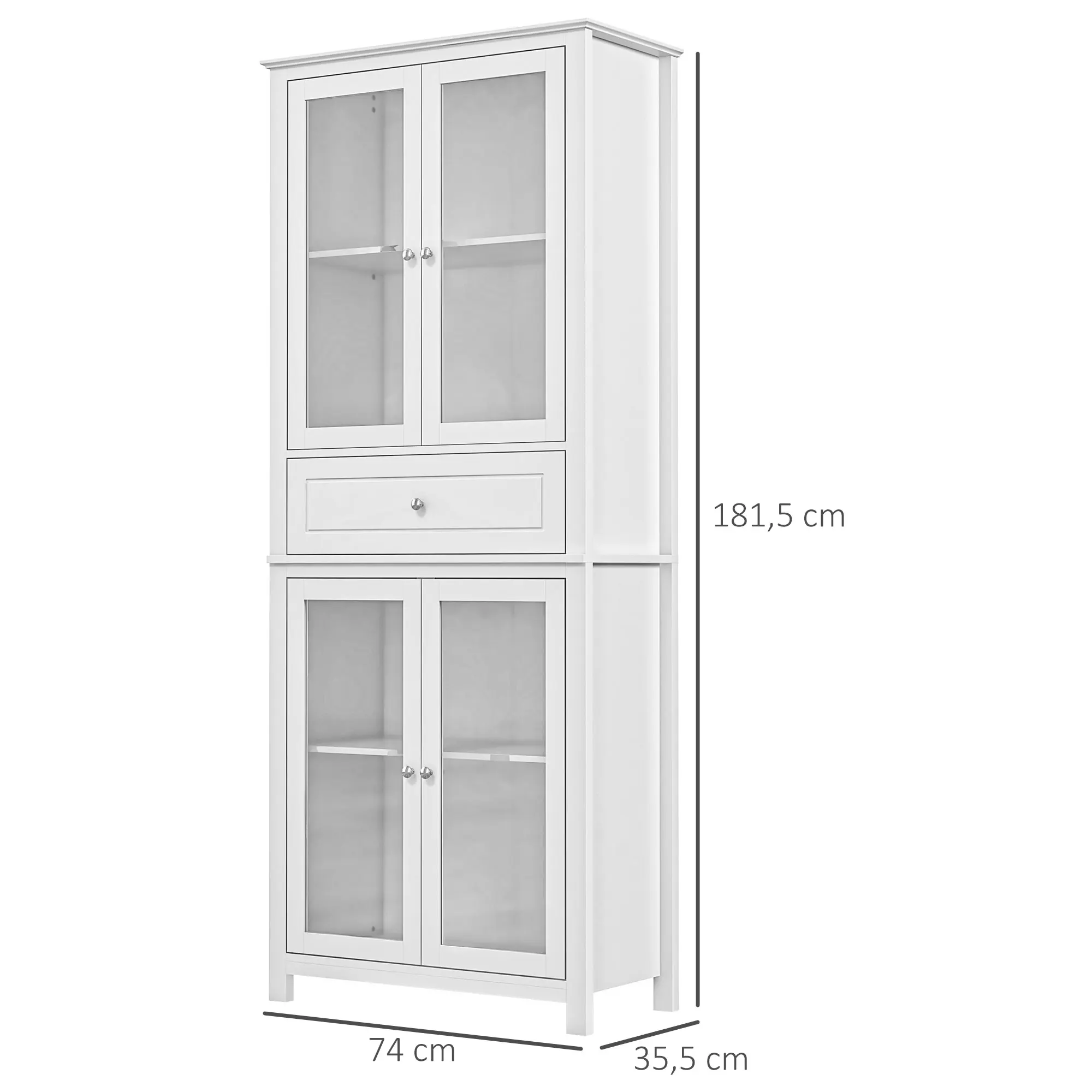 HOMCOM Alacena de Cocina Mueble Vitrina con 4 Puertas de Vidrio Templado Cajón y Estantes Ajustables para Salón Comedor 74x35,5x181,5 cm Blanco - imagen 3