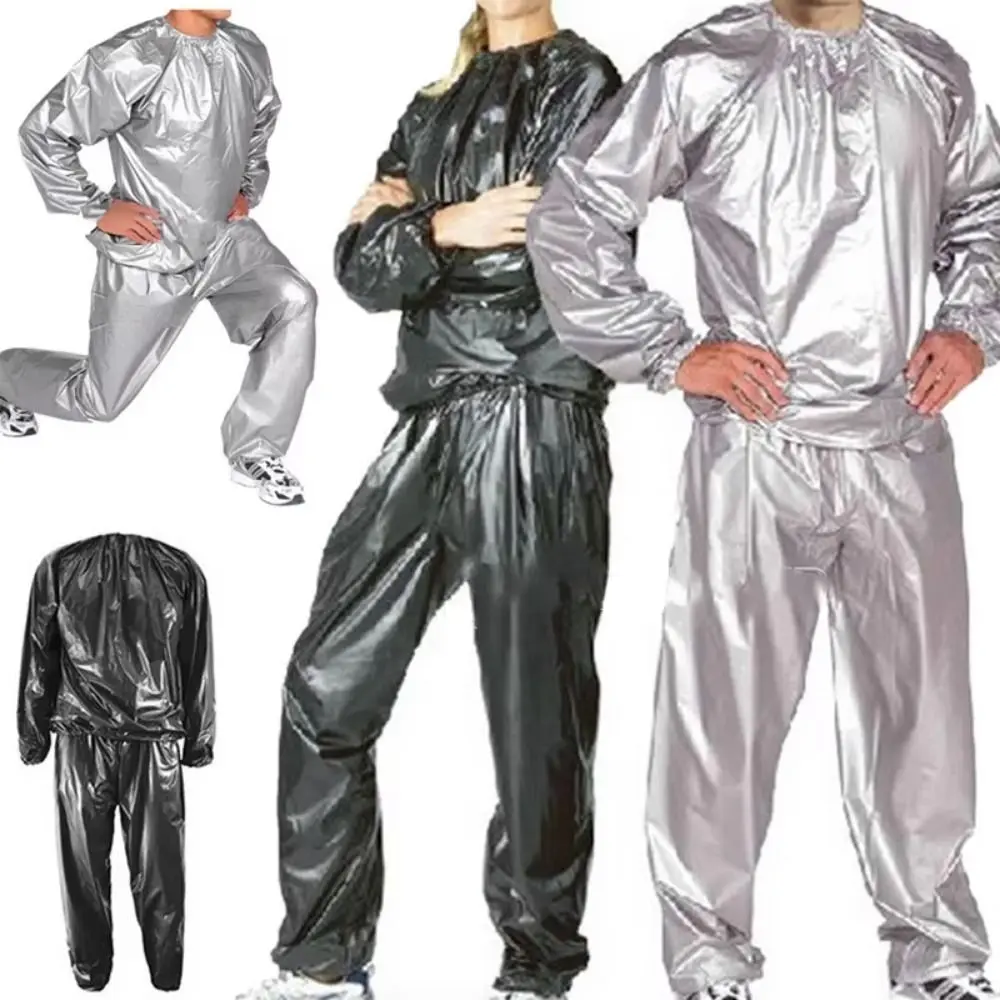 Traje deportivo para hombre y mujer, traje de Sauna de PVC, cintura elástica, manga larga, conjunto de pantalones superiores de verano para hombre, ropa informal de Fitness para perder peso - imagen 2