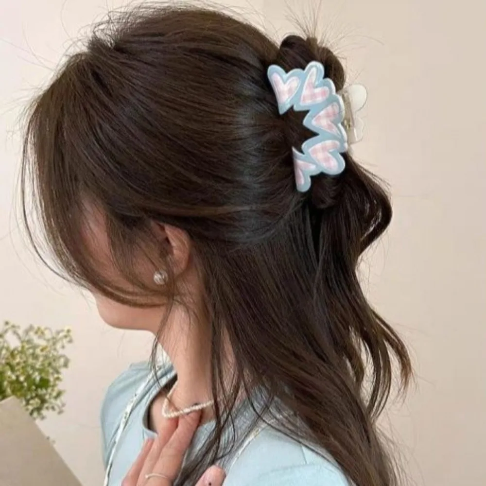 Pinza para el pelo con lazo a cuadros Floral para niña, pinzas para el pelo acrílicas con forma de corazón y cangrejo, tiburón para mujer y niña, horquilla, accesorios para el cabello - imagen 3